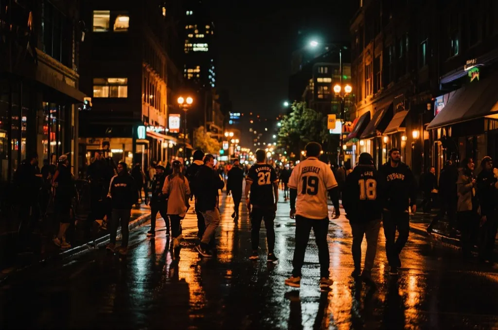 夜色中的西雅图街头与球迷赛后散步场景